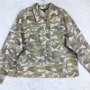 Baccini Womens Denim Jacket Camo Green Beige Frayed Button Front 18 20W